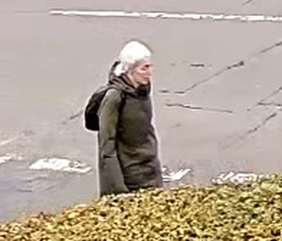 a woman with white hair and a backpack is walking down the street .