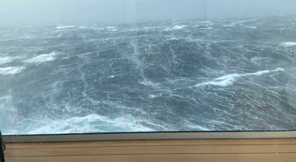 Some 30ft waves battered against the side of the ship as it was halted in the waters