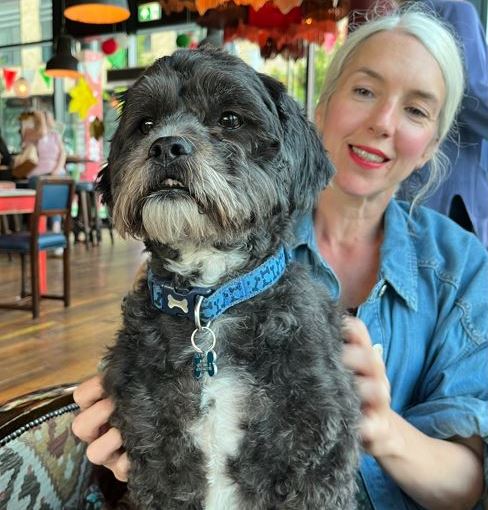 a woman is holding a small dog in her arms in a restaurant .