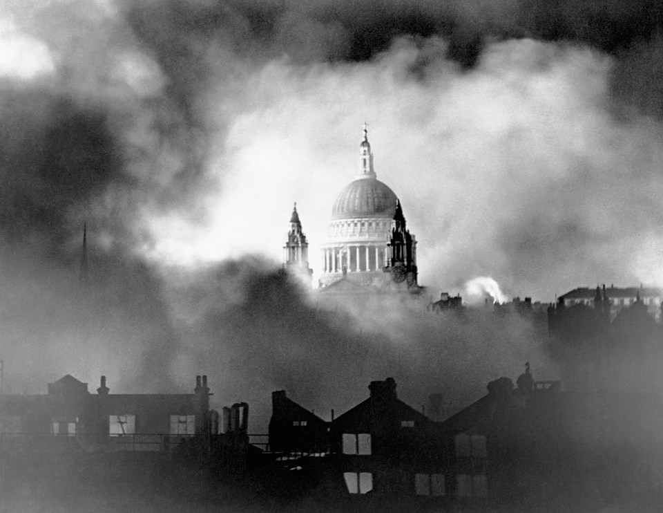 St Paul's Cathedral stands proud as Luftwaffe bombs explode and buildings burn all around the iconic London landmark