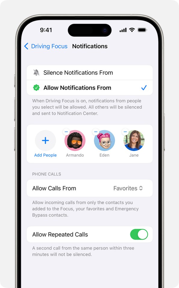 You can allow notifications from specific contacts, letting them break through your Driving Focus