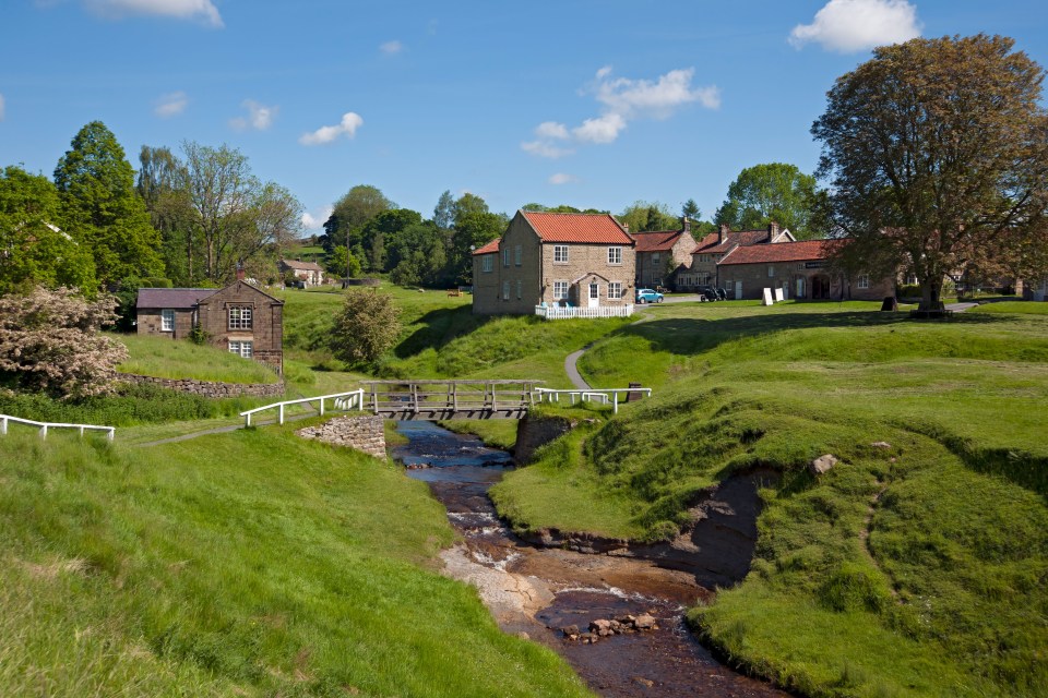 a bridge over a stream with a house in the background