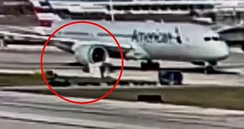 The moment a plane's engine sucked up a luggage truck