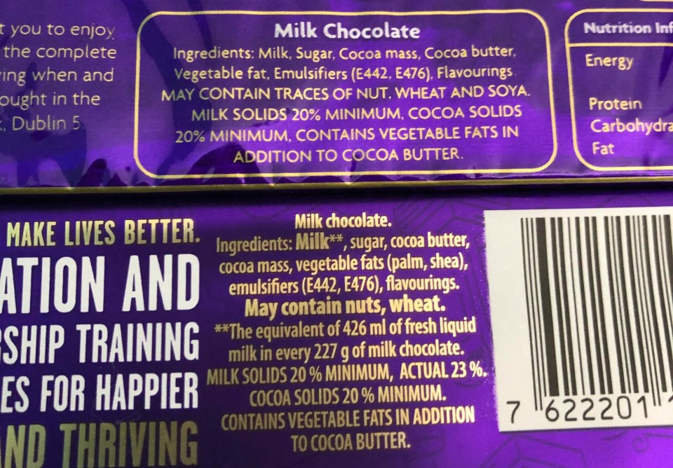 the ingredients of cadbury dairy milk chocolate are shown