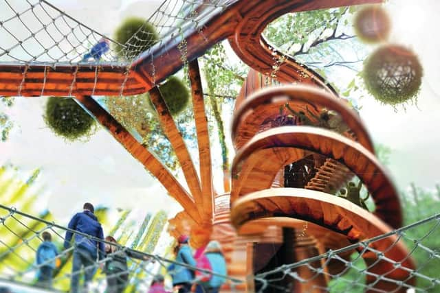 a group of people are walking across a rope bridge in a tree house .