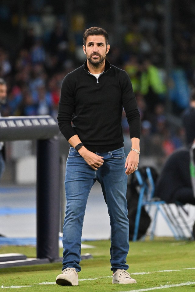 a man in a black sweater and jeans stands on a soccer field