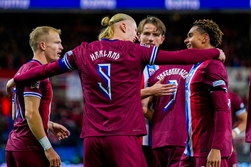 Haaland celebrates with his teammates after scoring the opener against Slovenia last night