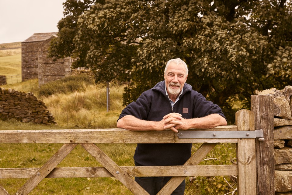 a man leans against a wooden fence with a stone building in the background