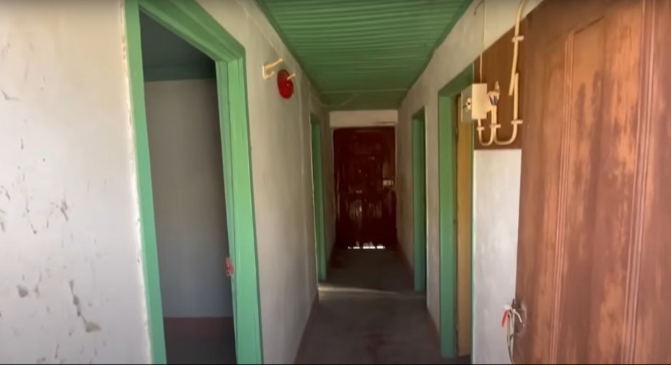 a long hallway with green walls and brown doors