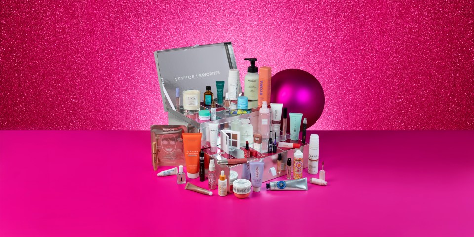 a display of sephora favorites beauty products on a pink background