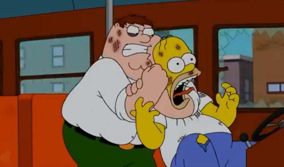 a cartoon of peter griffin and homer simpson fighting