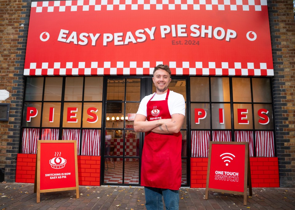 Radio DJ Roman kemp outside his new pie shop in London's East End