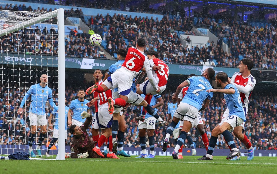 Gabriel scored from a corner at the Etihad