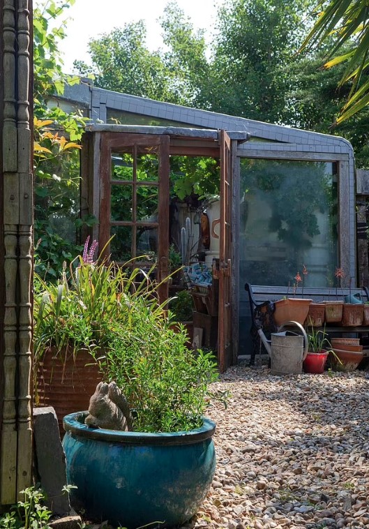 a blue potted plant sits in front of a greenhouse