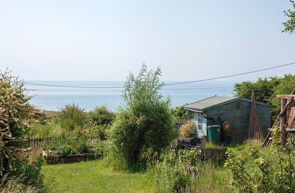 a shed with a view of the ocean in the background