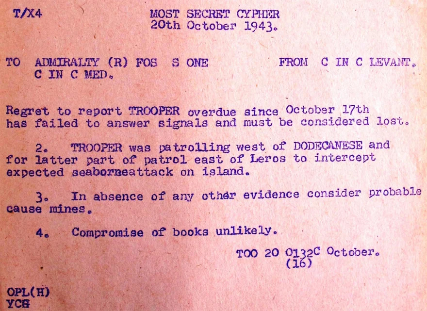 a piece of paper that says most secret cypher 20th october 1943