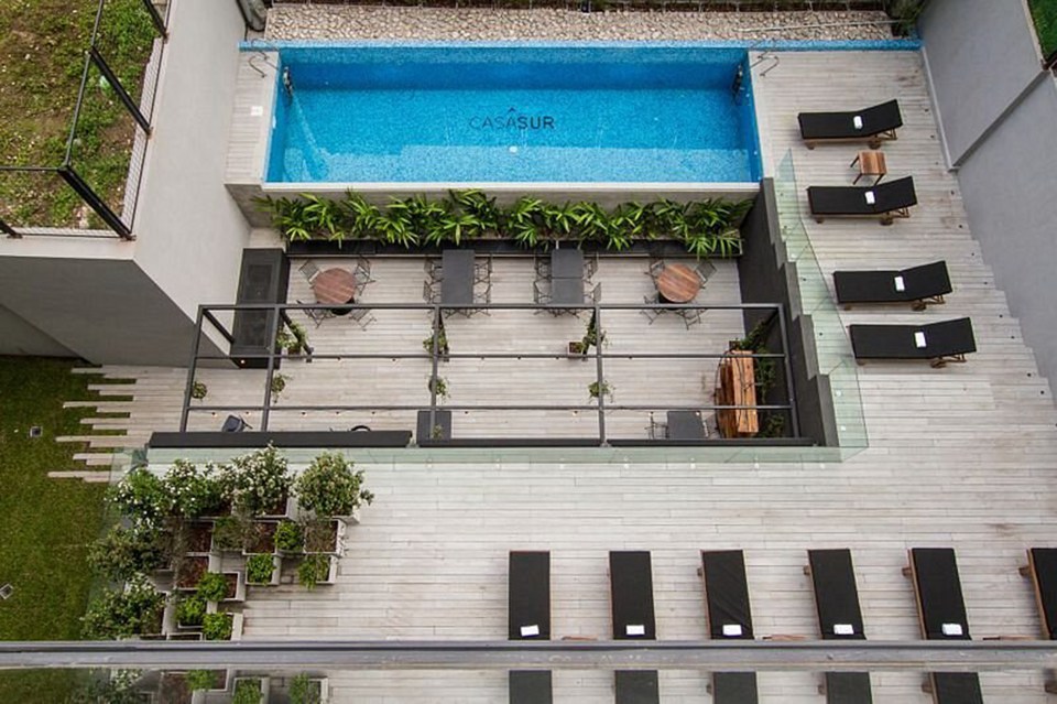 an aerial view of a casasur swimming pool