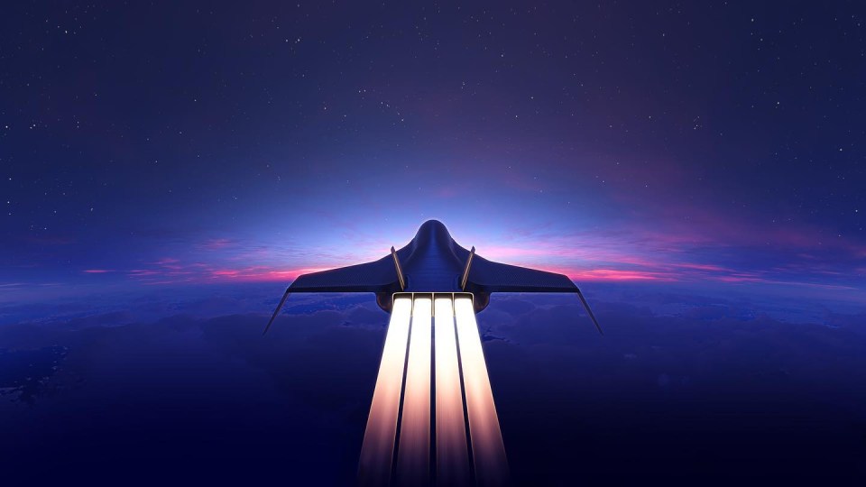 a futuristic jet is flying through the night sky