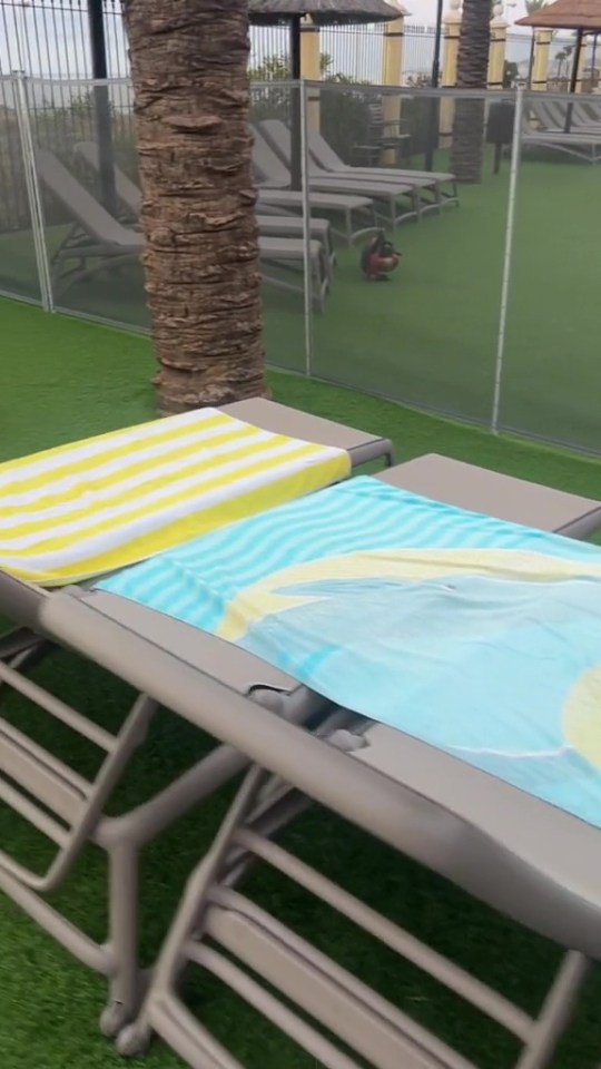 a row of lounge chairs with towels on them