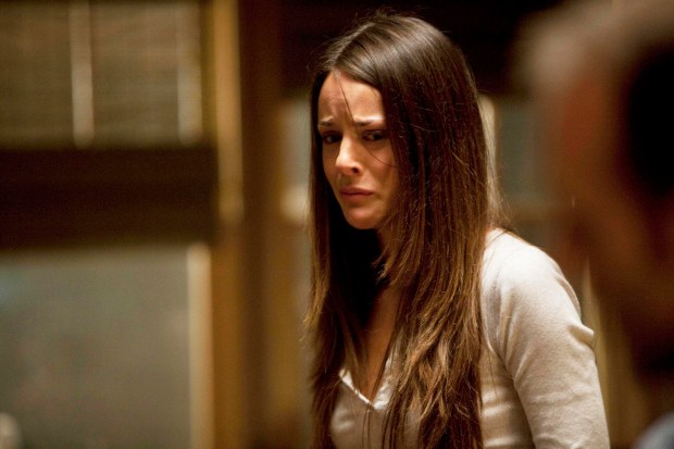 a woman with long brown hair is looking at the camera