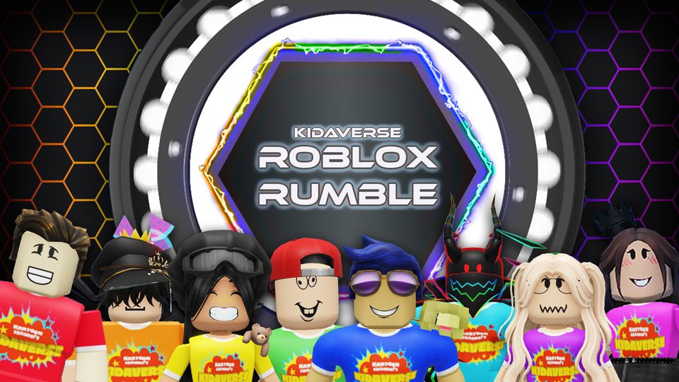 a group of roblox characters standing in front of a sign that says roblox rumble