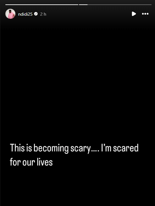 a black screen with the words " this is becoming scary ... i 'm scared for our lives "