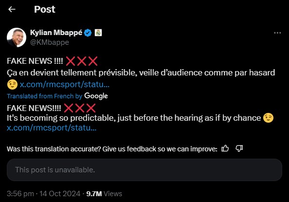 Mbappe responded to the allegations on X, slamming the reports as 'fake news'