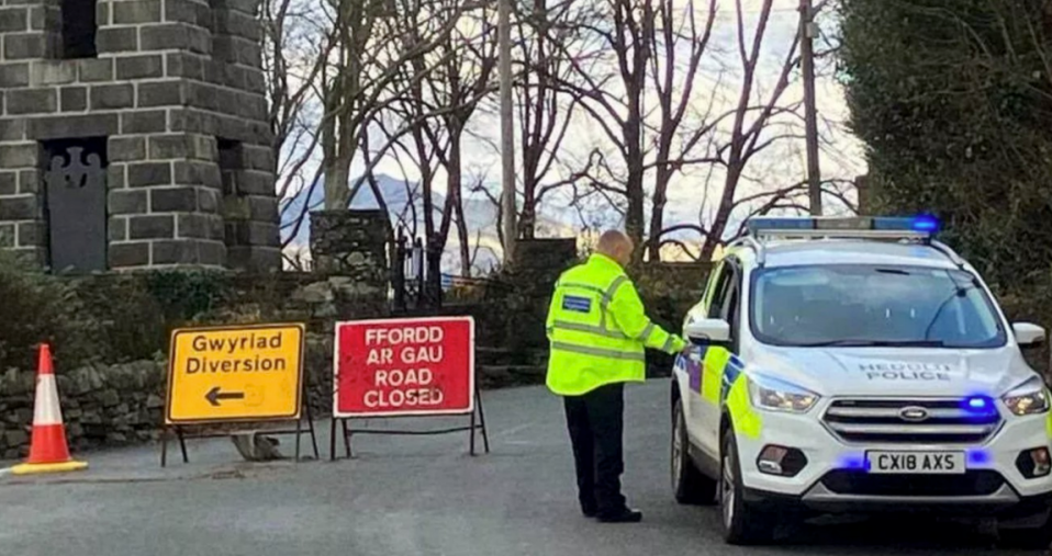 Police roadblock in Garreg, Llanfrothen, Gwynedd, near the spot where four teenagers were found dead