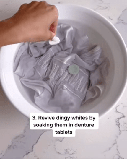 Chantel said the colour of 'dingy whites' can be revived by soaking them with denture tablets