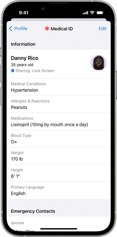 Medical ID lets you choose emergency contacts, as well as listing medications and allergies