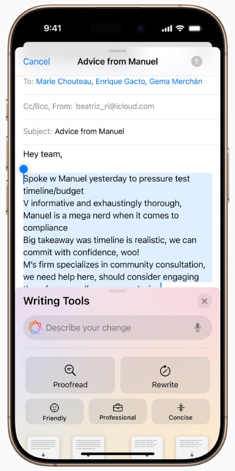 Another iOS 18.1 (or iOS 18.2 in UK English) feature is called Writing Toosl, and will write, rewrite, proofread, and summarise text for you