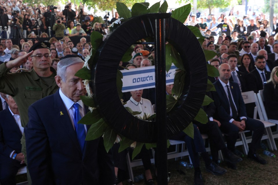 Israel’s Prime Minister Benjamin Netanyahu takes part in a ceremony marking the a national day of mourning on Sunday for victims of October 7