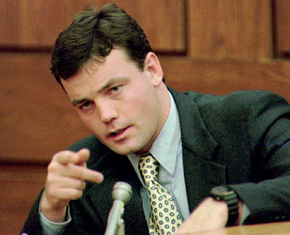 John Wayne Bobbitt points during testimony