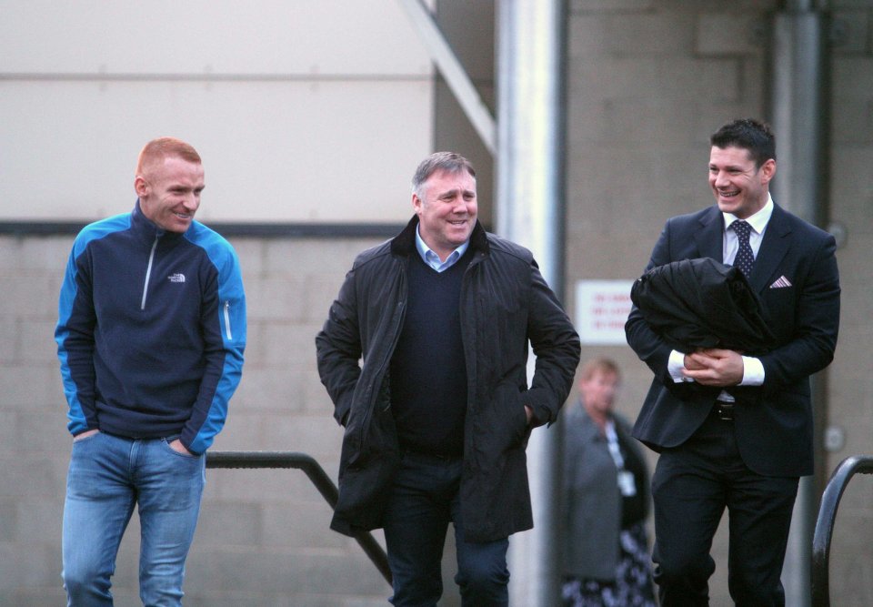 Jamie with his lawyer and a pal as they leave Glasgow Crown Court