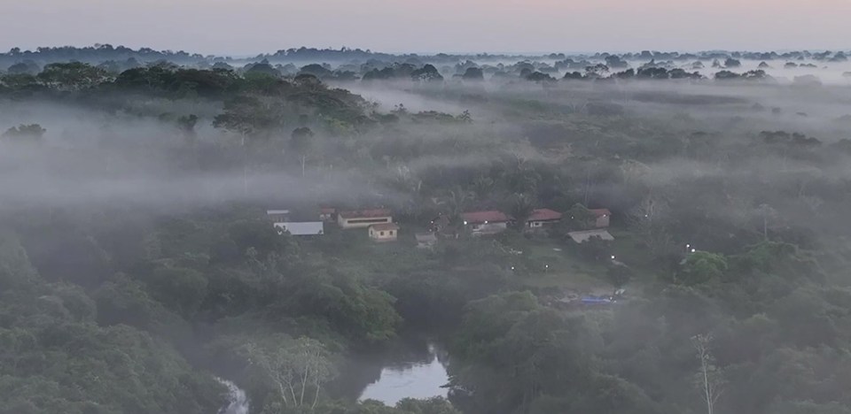 an aerial view of a village in the middle of a foggy forest