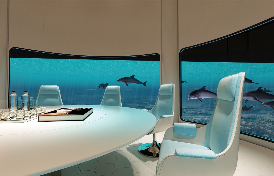 The 450ft boat's designs include a jaw-dropping underwater dining room