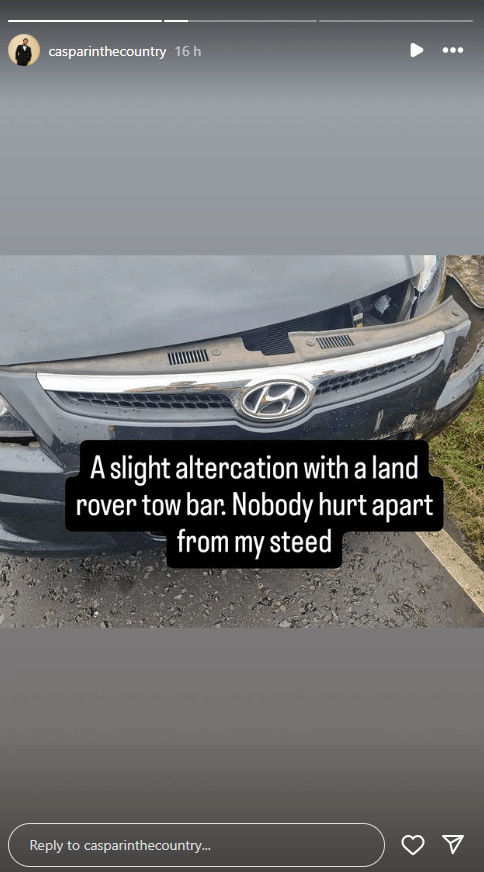 a picture of a car with the caption " a slight altercation with a land rover tow bar "