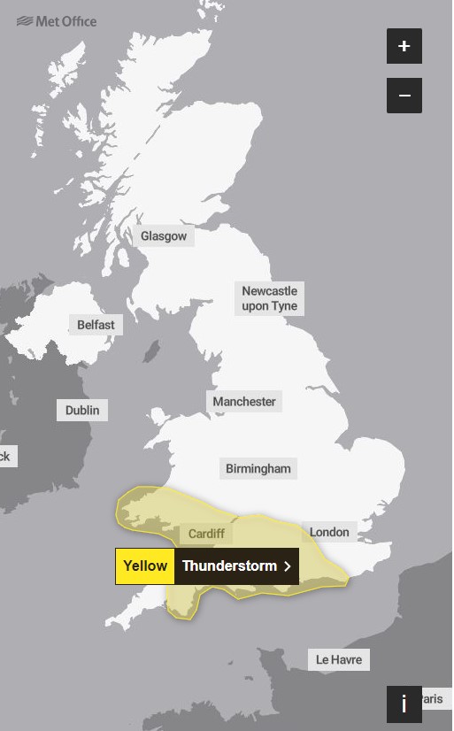 The Met Office has a yellow weather warning for thunderstorms in place for later today