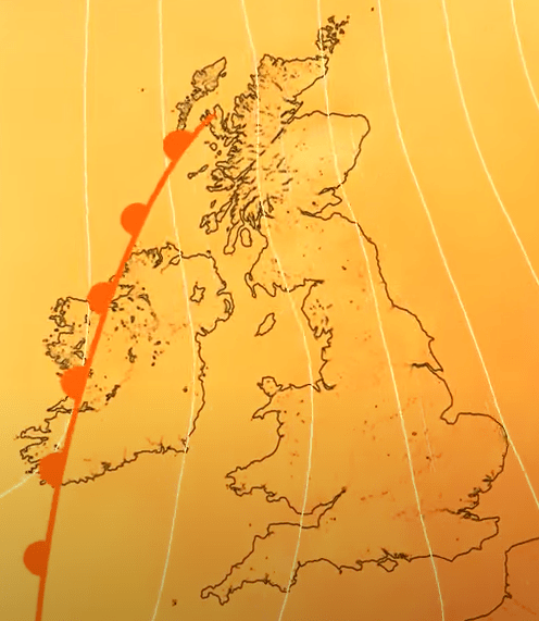 a map of the united kingdom with a red line going through it