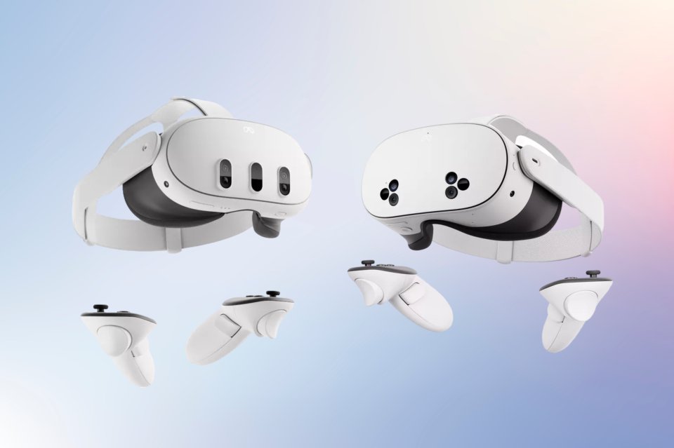 a pair of white oculus rift headsets and controllers