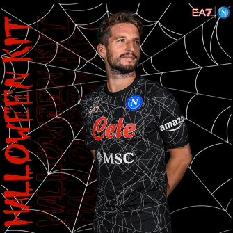 Napoli's ex-star Dries Mertens promotes their spider web shirt from 2022