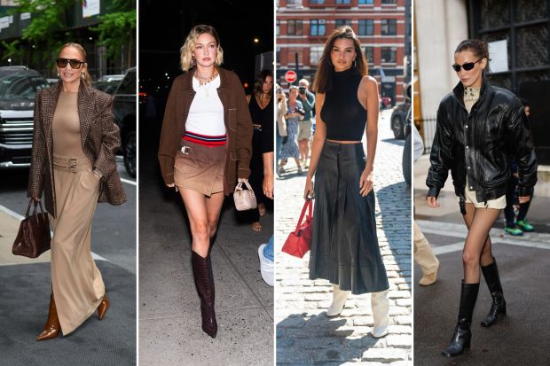 a collage of four photos shows a woman wearing a skirt and boots