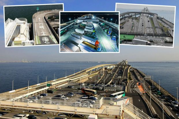 a collage of photos shows a bridge with chinese writing on it