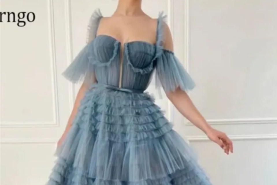 a woman in a blue tulle dress is standing in front of a white wall .