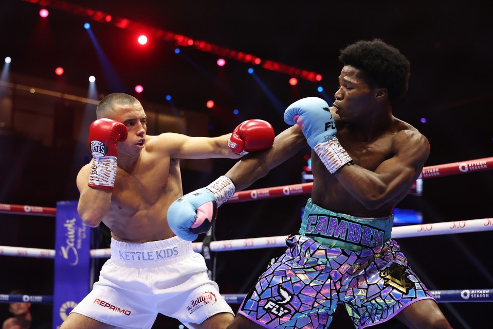 two boxers in a ring with one wearing kettle kids shorts