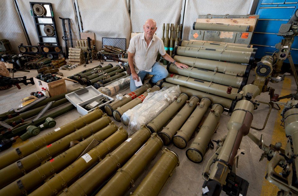 Nick Parker with the weapons seized or found from Hezbollah in Lebanon by the IDF