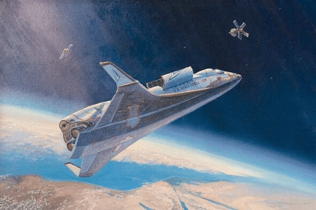 A depiction of a spacecraft orbiting the Earth