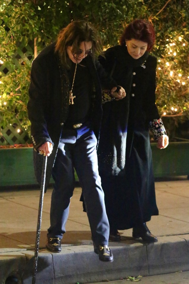 Sharon and Ozzy, walking with a cane, in Beverly Hills