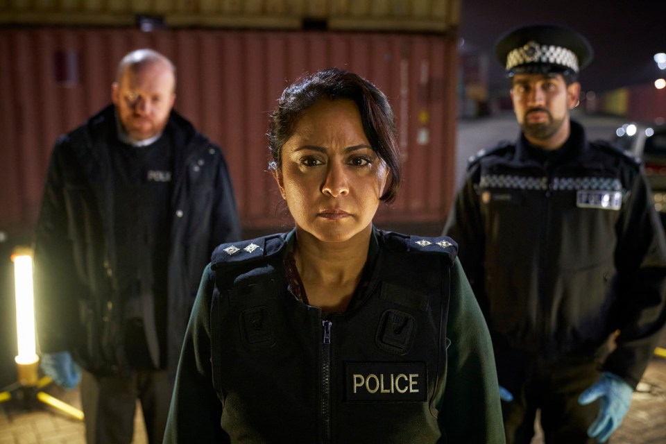 a woman wearing a police vest stands between two men