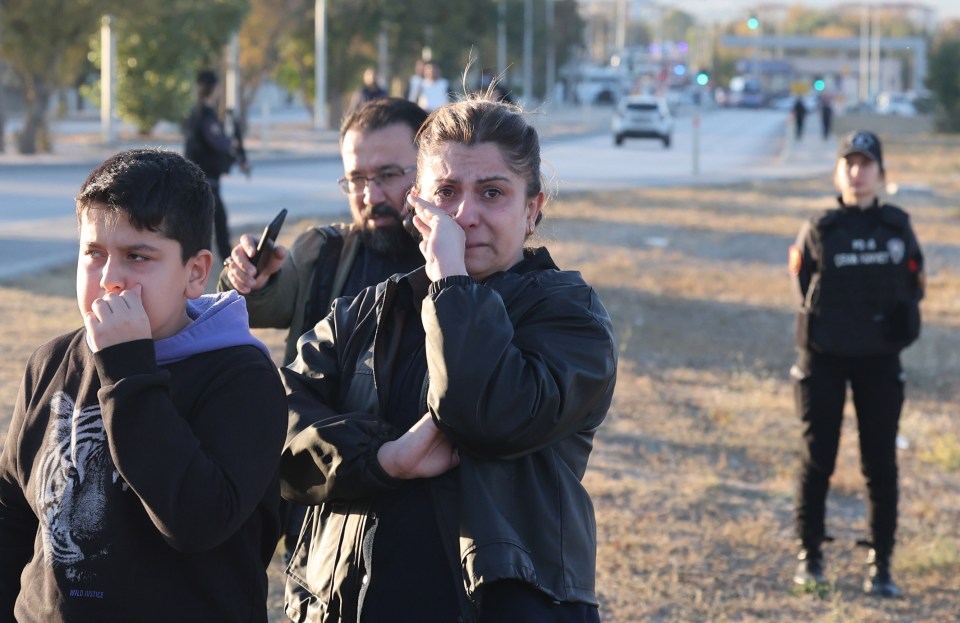 a woman covering her face while a man and a boy look on